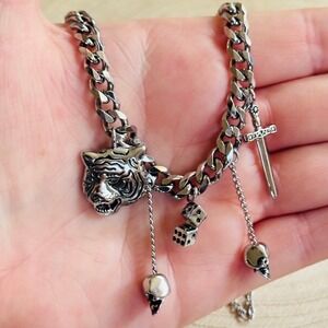 Dalmata D Billie Eilish Steel skull Necklace silver skull Charm cuban chain 21"